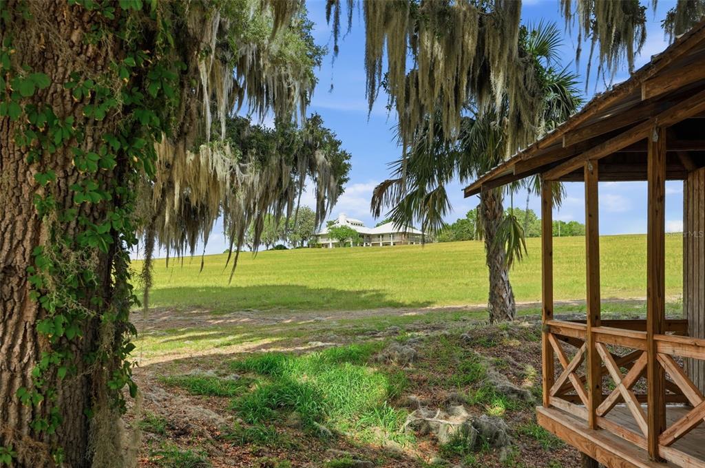 A view from a wooden porch looking across a grassy field toward a distant house — 18610 TOWNSEND HOUSE ROAD, DADE CITY, FL