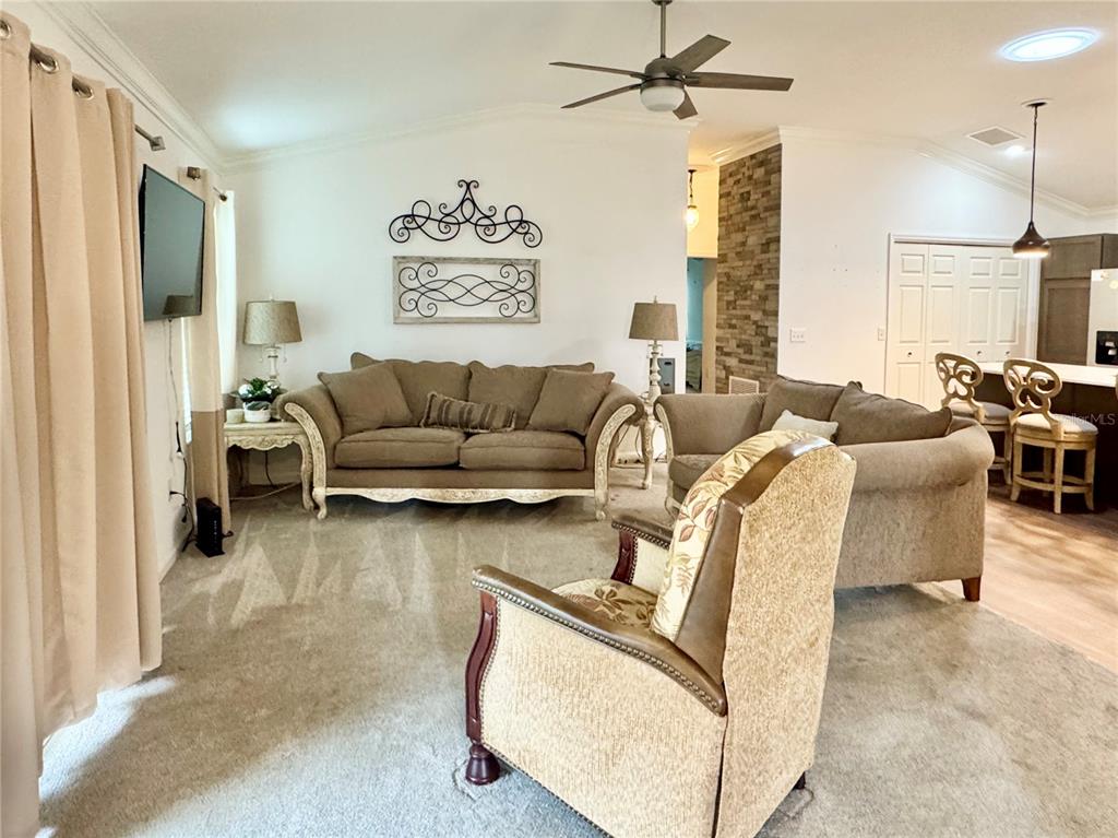 A living room features beige carpet, two brown sofas, an armchair, and wall decor — 810 ROSEAPPLE AVENUE, LADY LAKE, FL