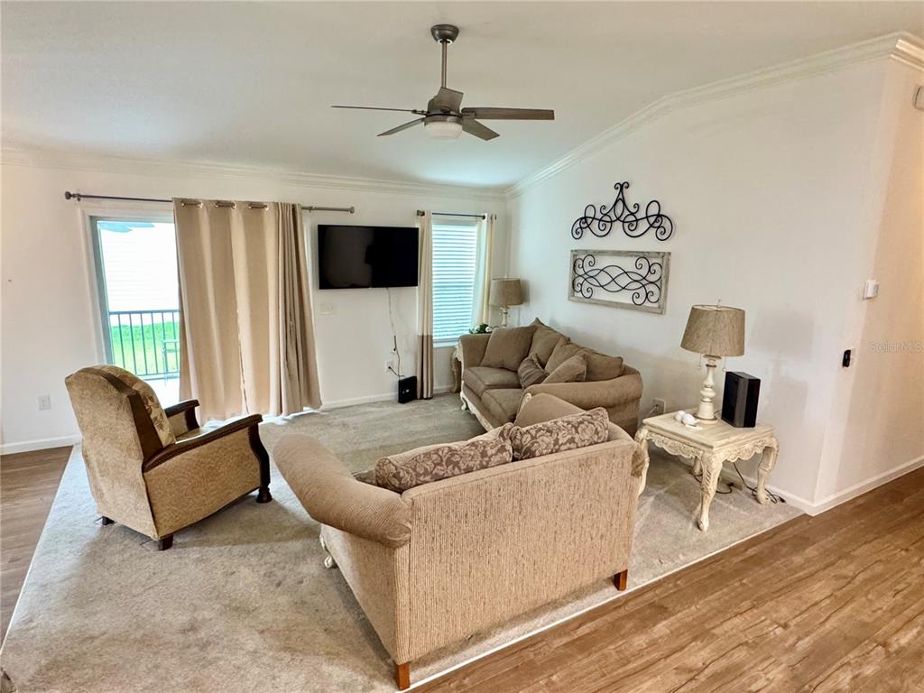 A living room features beige furniture, a ceiling fan, a wall-mounted television, and carpet flooring — 810 ROSEAPPLE AVENUE, LADY LAKE, FL