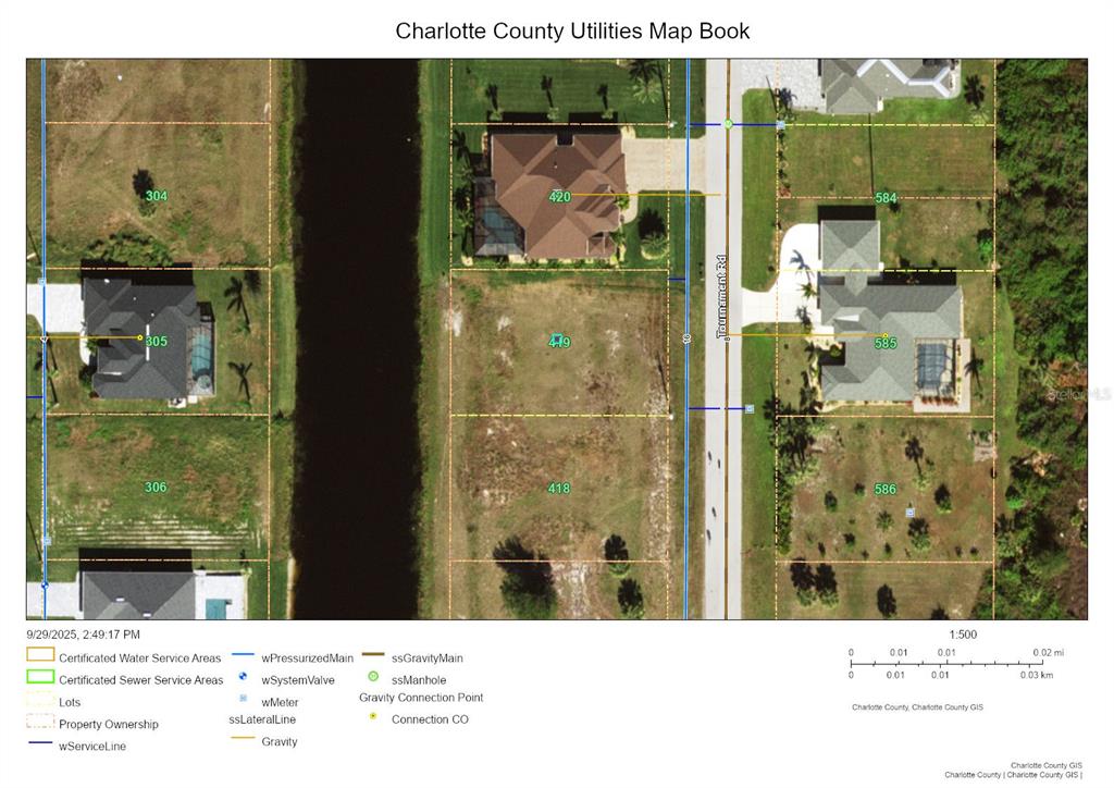 This is a utility map showing property lots, water service lines, and sewer infrastructure — 155 TOURNAMENT ROAD, ROTONDA WEST, FL
