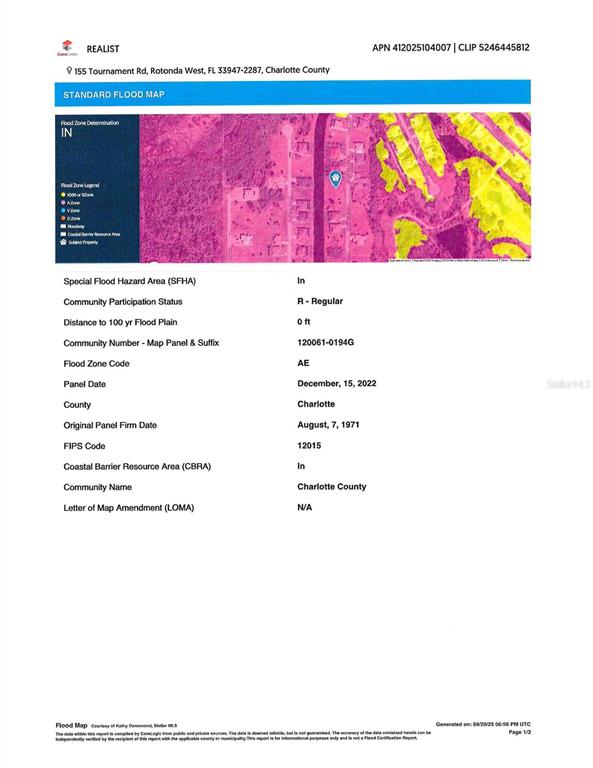 This is a flood map document showing the flood zone designation for a specific property — 155 TOURNAMENT ROAD, ROTONDA WEST, FL