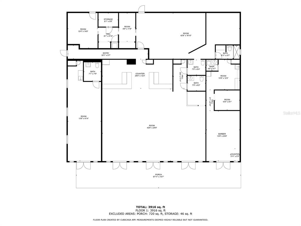 This is a floor plan of a commercial building featuring multiple rooms, bathrooms, and a porch — 4314 N SUNCOAST BOULEVARD, CRYSTAL RIVER, FL