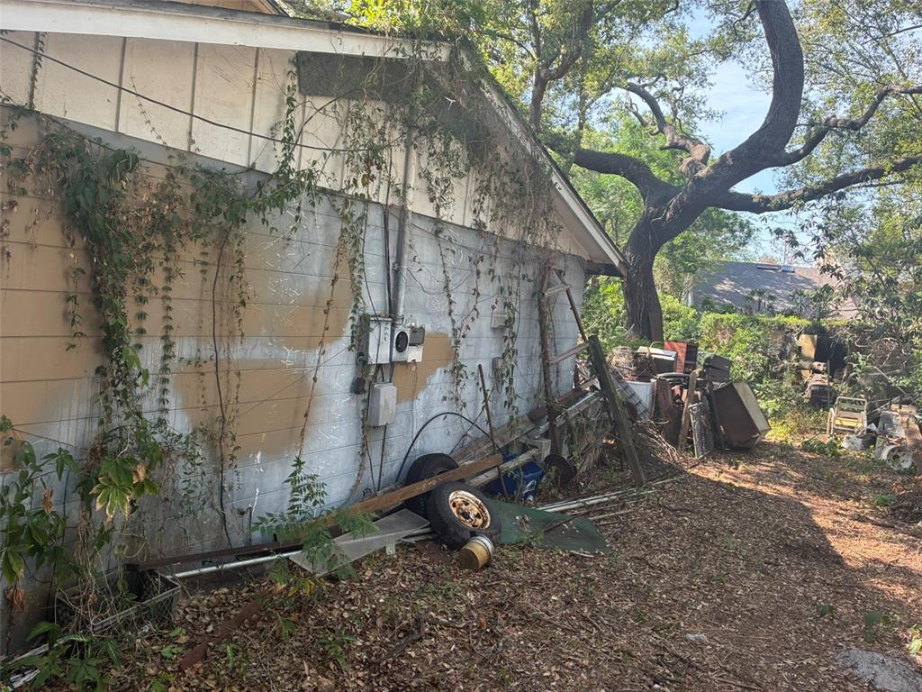 The exterior side of a house features overgrown vines, electrical equipment, and scattered debris — 1309 W RAMBLA STREET, TAMPA, FL