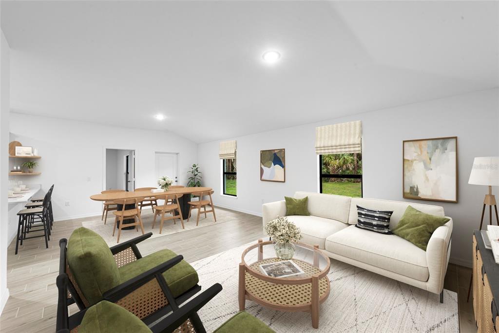 This is a digital rendering of an open-concept living and dining area with neutral decor — 1428 PULASKI STREET, PORT CHARLOTTE, FL