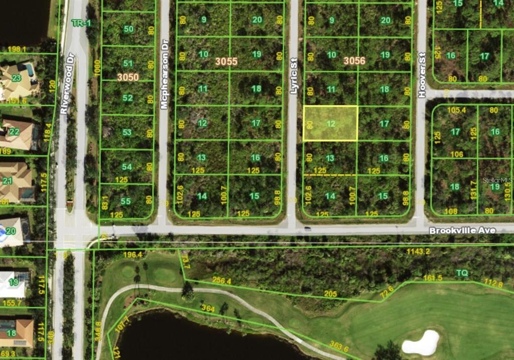This is a land survey map showing residential lots, streets, and a nearby golf course — 2504 LYRIC STREET, PORT CHARLOTTE, FL