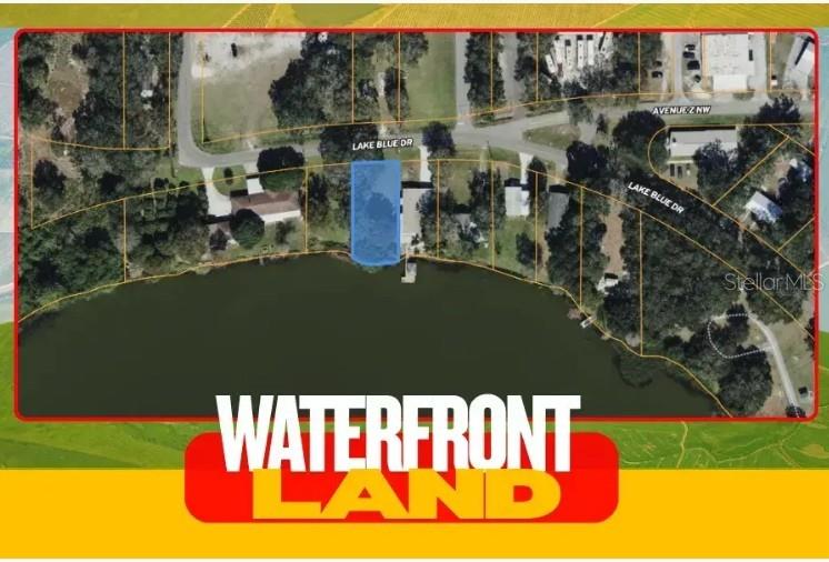 An aerial map shows a rectangular waterfront parcel highlighted in blue along a lake — LAKE BLUE DRIVE NW, WINTER HAVEN, FL