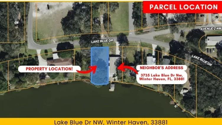 This is an aerial map showing a highlighted waterfront parcel on Lake Blue Drive — LAKE BLUE DRIVE NW, WINTER HAVEN, FL