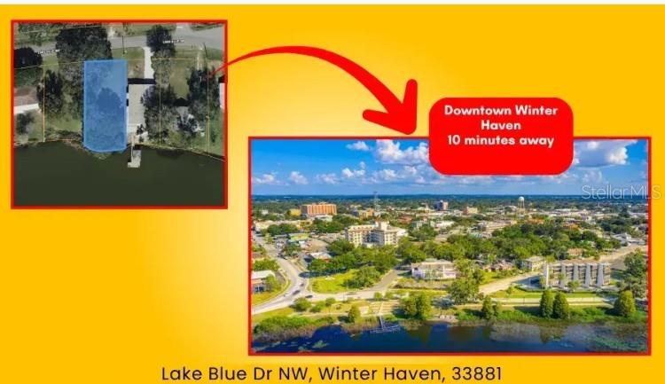 This map shows a highlighted waterfront property lot and an aerial view of the surrounding area — LAKE BLUE DRIVE NW, WINTER HAVEN, FL