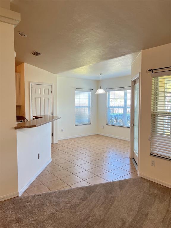 A dining area with tile flooring, a pendant light, and windows with white blinds — 19430 NW 164TH ROAD, HIGH SPRINGS, FL