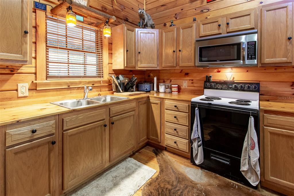 A rustic kitchen features wood cabinets, log walls, a double sink, and a black stove — 20259 NE 147TH TERRACE, FORT MC COY, FL