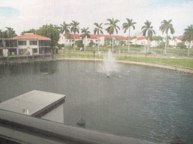 A view of a lake with a fountain and palm trees seen through a window screen — 6294 BAHIA DEL MAR CIRCLE UNIT 215, ST PETERSBURG, FL