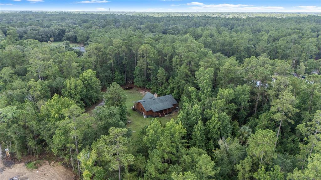 An aerial view shows a log cabin home nestled within a dense, wooded forest — 712 MALLARD DRIVE, SANFORD, FL