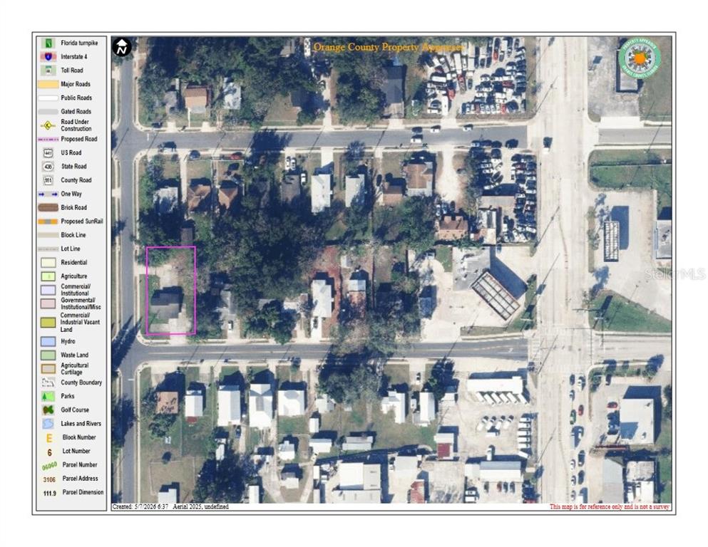 This is an aerial map showing a residential property highlighted in a pink rectangle — 1345 W KALEY AVENUE, ORLANDO, FL