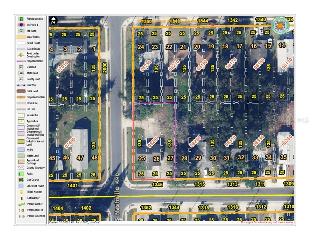 This is a property map showing lot lines, parcel numbers, and addresses for a neighborhood — 1345 W KALEY AVENUE, ORLANDO, FL