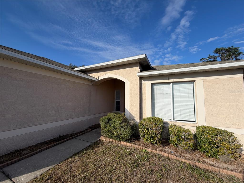 A tan stucco house exterior features a recessed entryway, a sidewalk, and a front window — 11701 BRENFORD CREST DRIVE, RIVERVIEW, FL