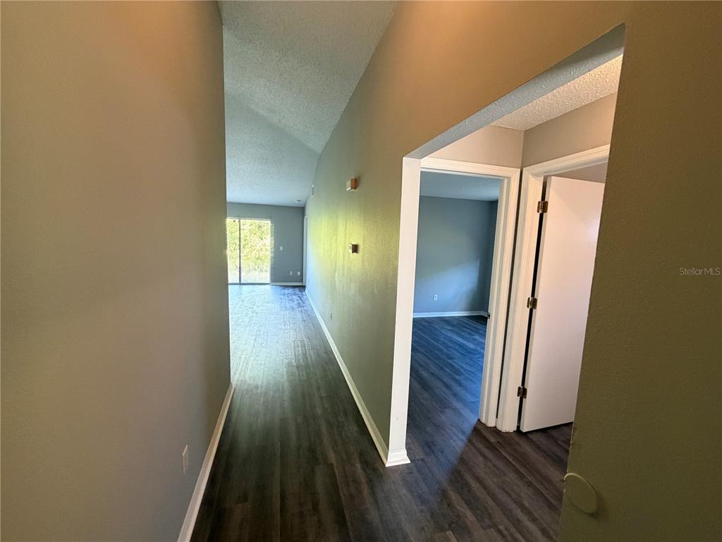 A hallway with dark wood-look flooring leads to a living area with a sliding door — 11701 BRENFORD CREST DRIVE, RIVERVIEW, FL