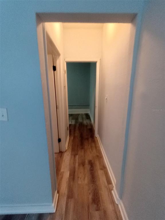 A hallway with wood-look flooring leads to a doorway opening into a blue-walled room — 704 CORDOVA DRIVE, ORLANDO, FL
