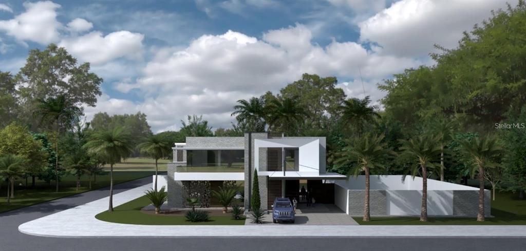 This is a digital rendering of a modern two-story house with a flat roof and palms — 2211 HALE STREET, PORT CHARLOTTE, FL