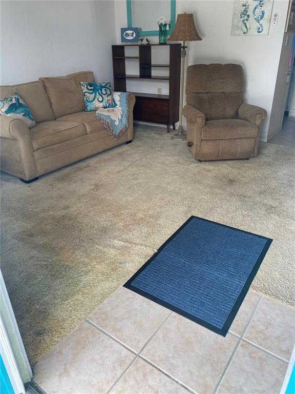 A living room features a beige sofa, a brown recliner, and a blue area rug — 8350 112TH STREET UNIT 104, SEMINOLE, FL