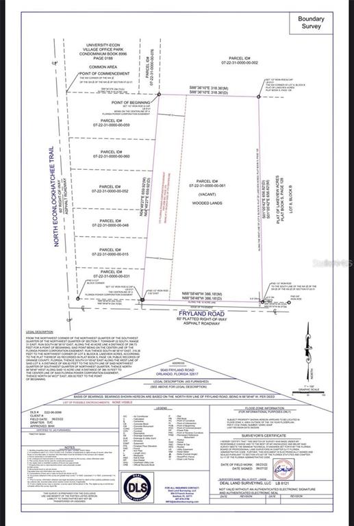 This is a boundary survey map for a parcel of land located on Fryland Road — 9049 FRYLAND ROAD, ORLANDO, FL