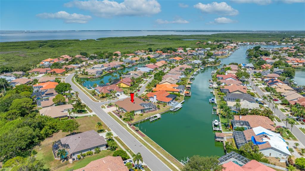An aerial view shows a waterfront house with a pool cage along a canal — 9801 COMPASS POINT WAY, TAMPA, FL