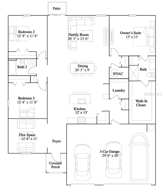 This is a floor plan for a single-story home with three bedrooms and a garage — 16757 NW 144TH STREET, ALACHUA, FL