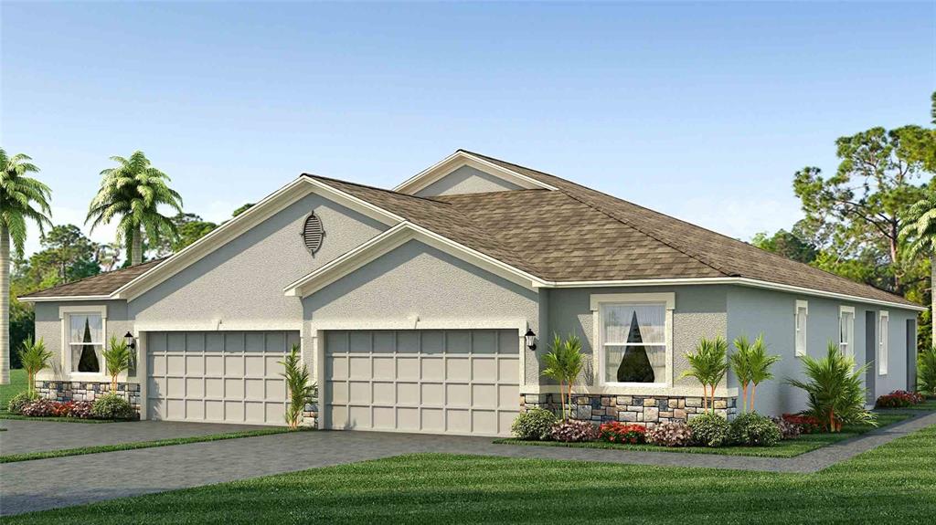 This is a digital rendering of a single-story duplex home with two garages — 18350 TAVERNSIDE TRAIL, LAKEWOOD RANCH, FL