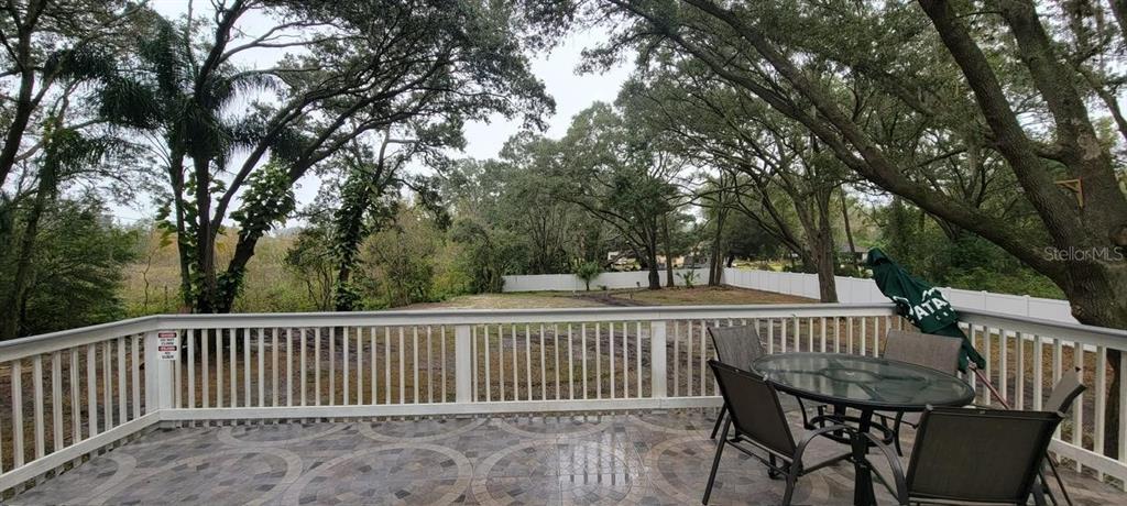A patio with a glass-topped table and chairs overlooks a fenced, tree-filled backyard — 17430 BLACKWELL LANE, LUTZ, FL