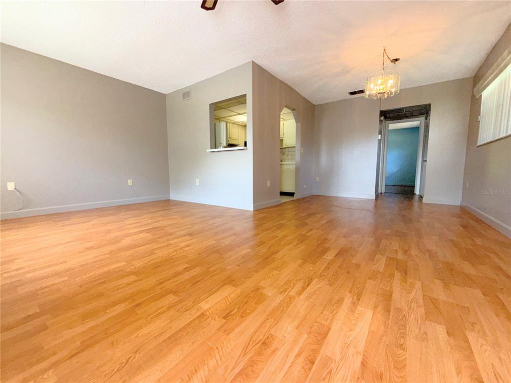 An empty living room features light wood flooring, gray walls, and a kitchen pass-through window — 11931 BAYONET LANE, NEW PORT RICHEY, FL