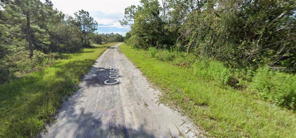 A narrow, unpaved dirt road winds through a wooded area with dense green vegetation — Lot 68 CONSTITUTION DRIVE, NORTH PORT, FL