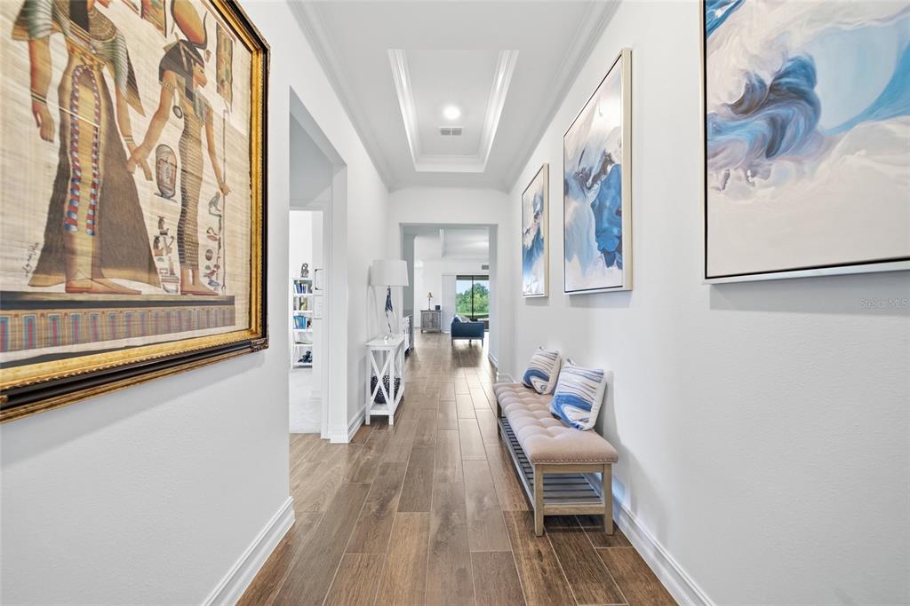 A long hallway with wood-look tile flooring, a tray ceiling, and framed wall art — 21676 SNOWY ORCHID TERRACE, LAND O LAKES, FL