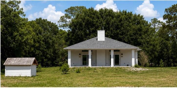 A covered patio overlooks a large green lawn with a barn and small shed — 12851 NE 26th Avenue, Okeechobee FL 34972, OKEECHOBEE, FL