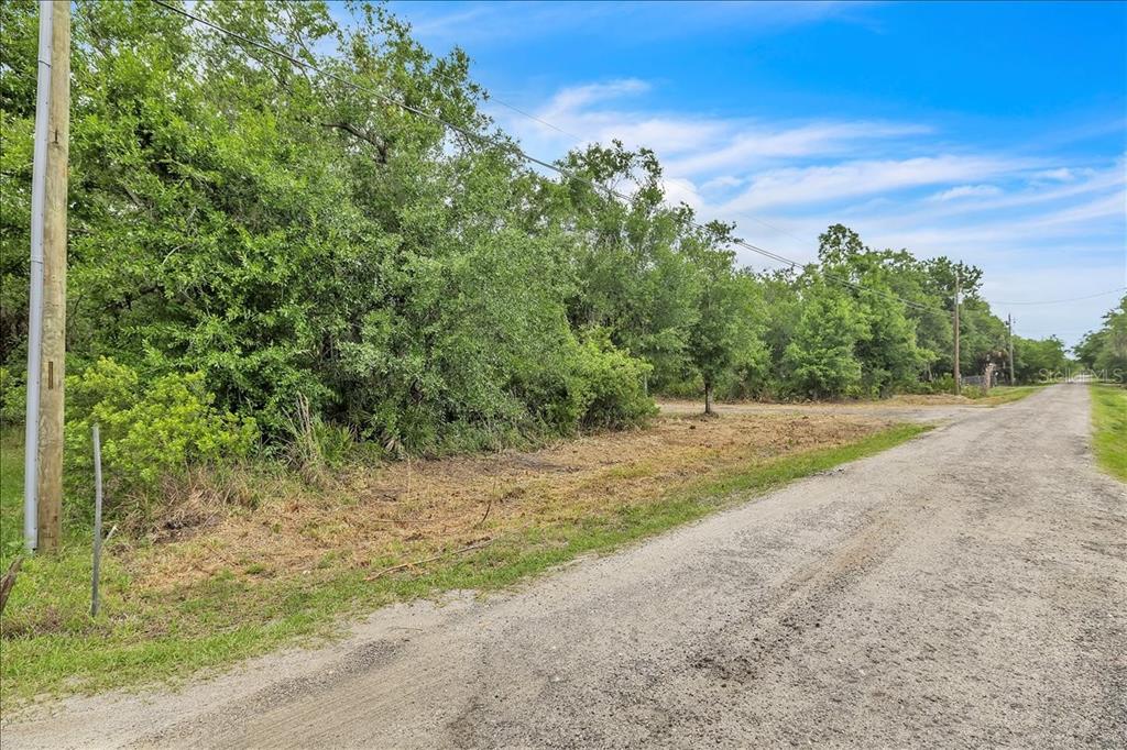 A dirt road runs alongside a wooded, undeveloped lot under a blue sky — 2271 ASPEN ROAD, PUNTA GORDA, FL