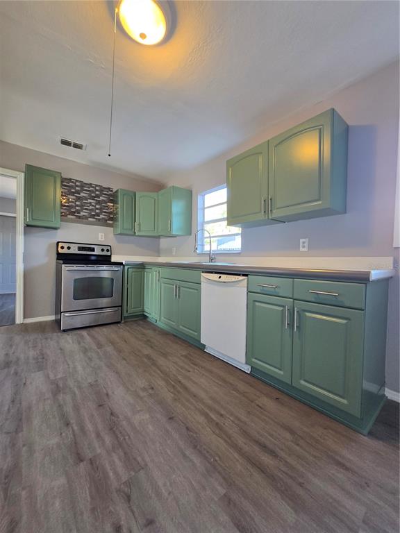 A kitchen features sage green cabinets, stainless steel appliances, and wood-look flooring — 209 W KIRBY STREET, TAMPA, FL