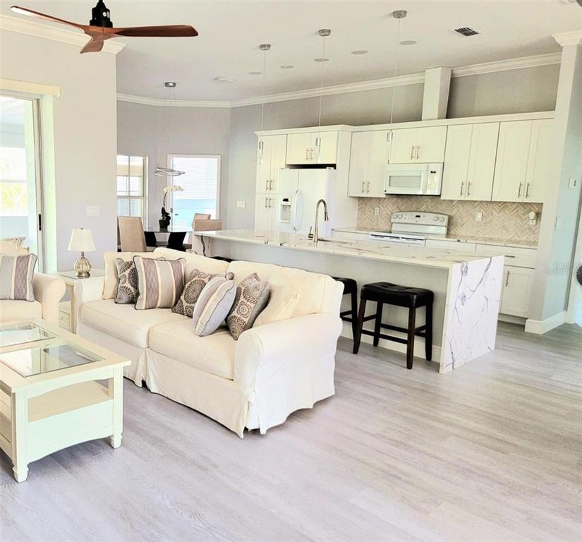 An open-concept living room and kitchen featuring white cabinetry, marble countertops, and light wood flooring — 1415 BEACH CLUB LANE, APOLLO BEACH, FL
