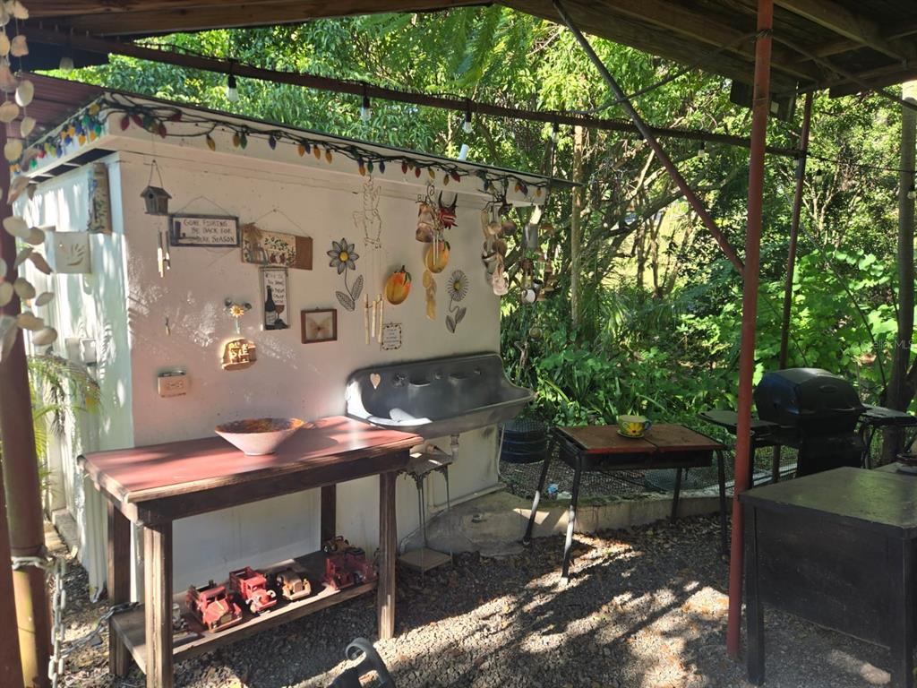 An outdoor patio area features a white shed wall with a utility sink and decor — BO. LLANOS TUNA, SECTOR LAS MAGAS, CABO ROJO, PR