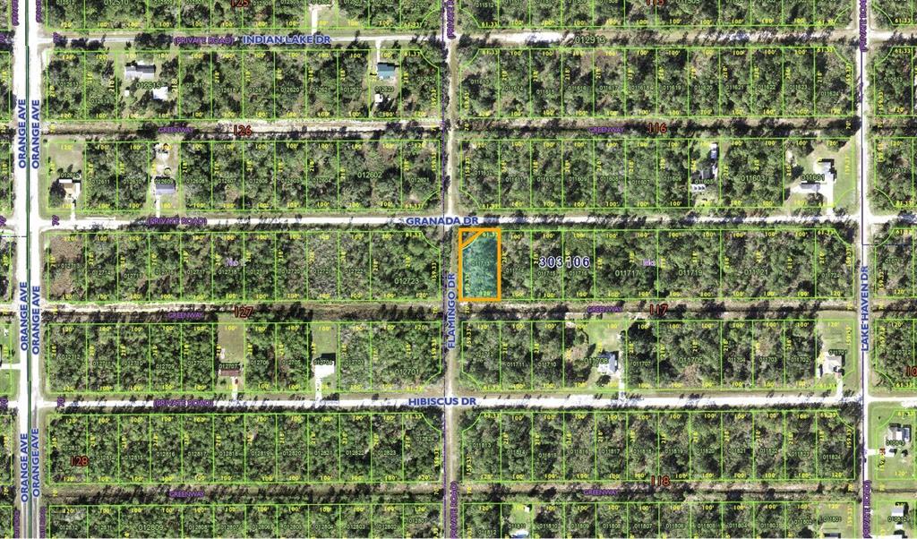 This is an aerial map showing a highlighted vacant lot located at a street intersection — 623 GRANADA DRIVE, INDIAN LAKE ESTATES, FL