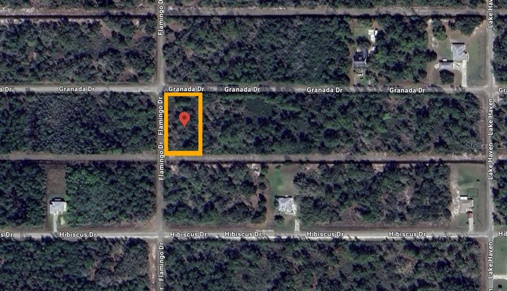 This is an aerial map view of a vacant, wooded rectangular lot — 623 GRANADA DRIVE, INDIAN LAKE ESTATES, FL