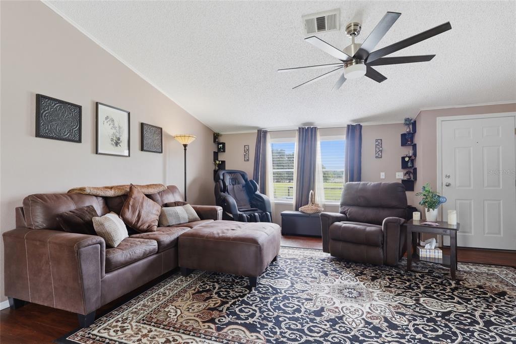 A living room features a brown sectional sofa, a recliner, and a patterned area rug — 28651 TUPPER ROAD, WESLEY CHAPEL, FL