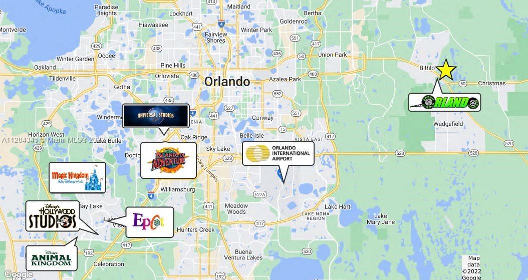 This is a map of the Orlando area showing the locations of various theme parks — 19536 E Colonial Dr, Orlando FL 32820, ORLANDO, FL
