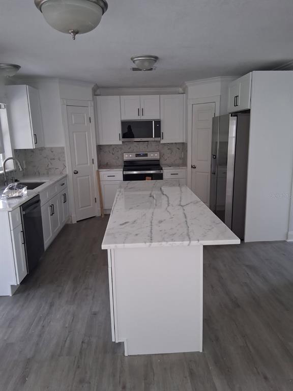 A kitchen features white cabinets, a marble-topped island, stainless steel appliances, and gray flooring — 139 OAK VIEW PLACE, SANFORD, FL