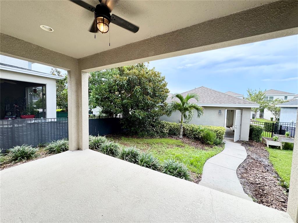 A covered patio overlooks a backyard with a concrete walkway, palm tree, and neighboring houses — 7208 MILESTONE DRIVE, APOLLO BEACH, FL