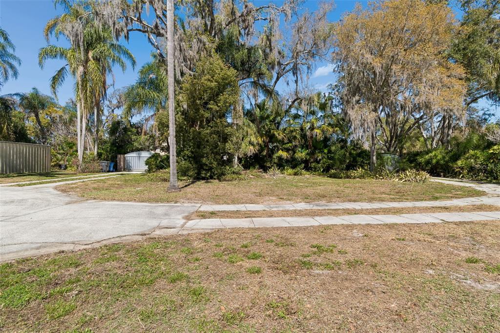 A grassy vacant lot features a concrete driveway and mature trees under a blue sky — 16515 LAKE CHURCH DRIVE, ODESSA, FL