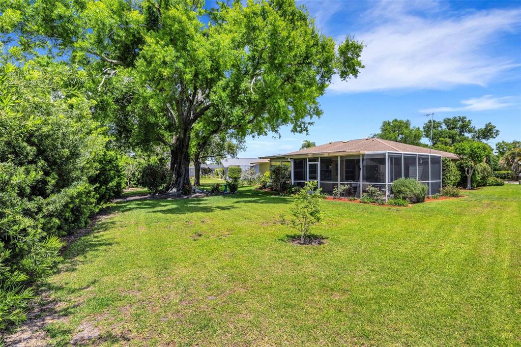 A large tree stands in a grassy backyard next to a house with a screened-in porch — 1518 70TH STREET W, BRADENTON, FL