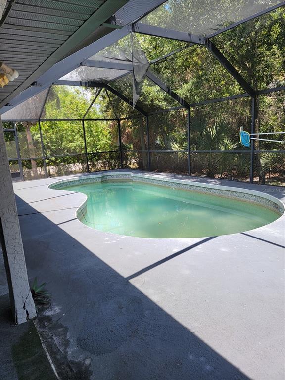 An outdoor swimming pool is enclosed by a screened-in lanai with a concrete deck — 5990 GILLOT BOULEVARD, PORT CHARLOTTE, FL