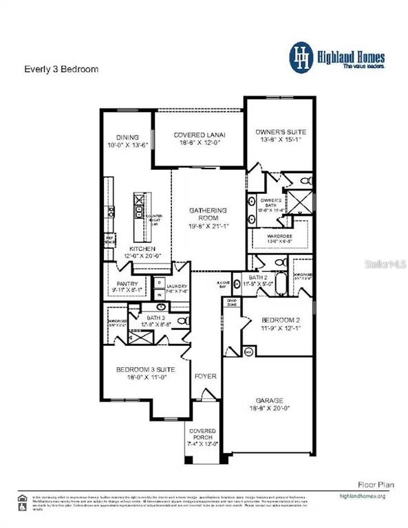 This is a floor plan for a three-bedroom home with a garage and covered lanai — 8679 WILDFLOWER FIELD LANE, WILDWOOD, FL