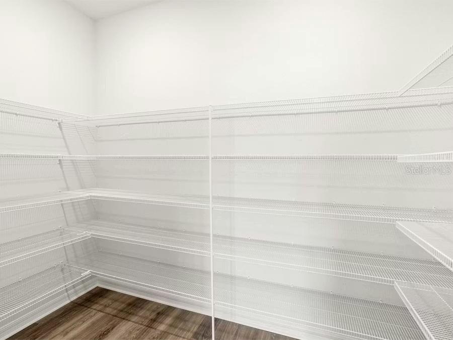 A walk-in pantry features white wire shelving units installed against plain white walls — 8679 WILDFLOWER FIELD LANE, WILDWOOD, FL