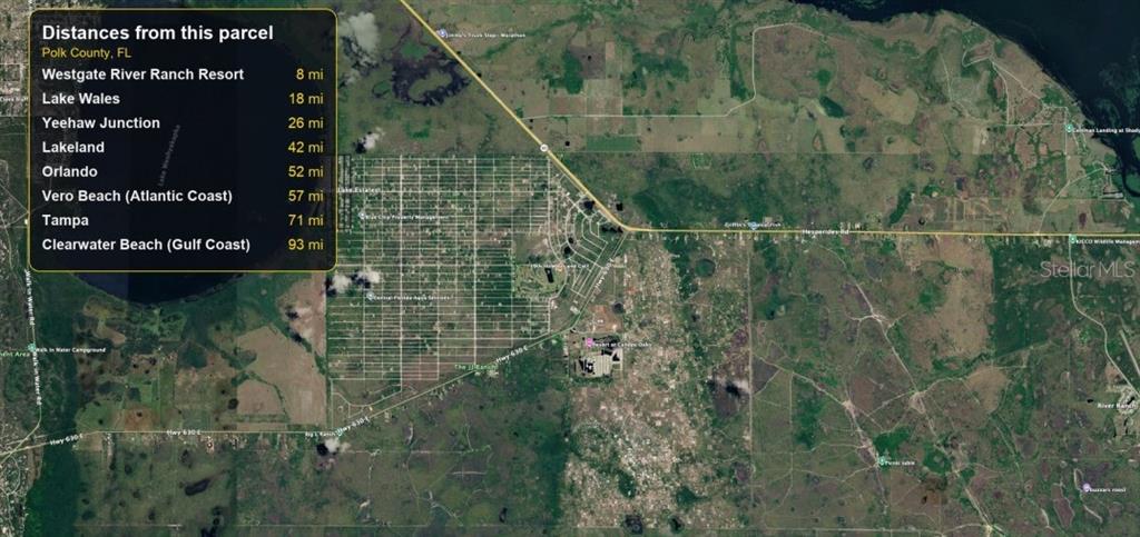 This map shows the location of a land parcel in Polk County, Florida, with distances — UNNASSIGNED, FROSTPROOF, FL