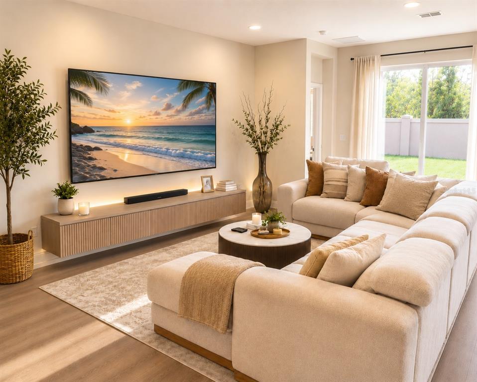 This is a rendering of a modern living room featuring a large wall-mounted television — 10009 SURREY ROSE DRIVE, SAN ANTONIO, FL