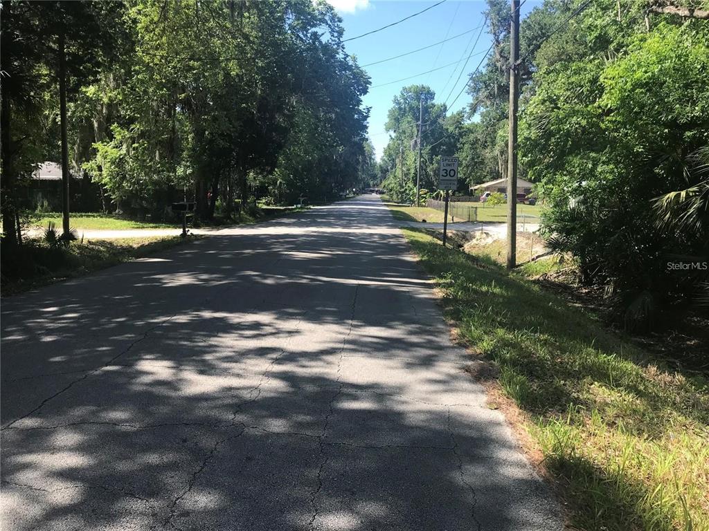 A paved residential street is lined with mature trees and a speed limit sign — ELIZABETH STREET, NEW SMYRNA BEACH, FL